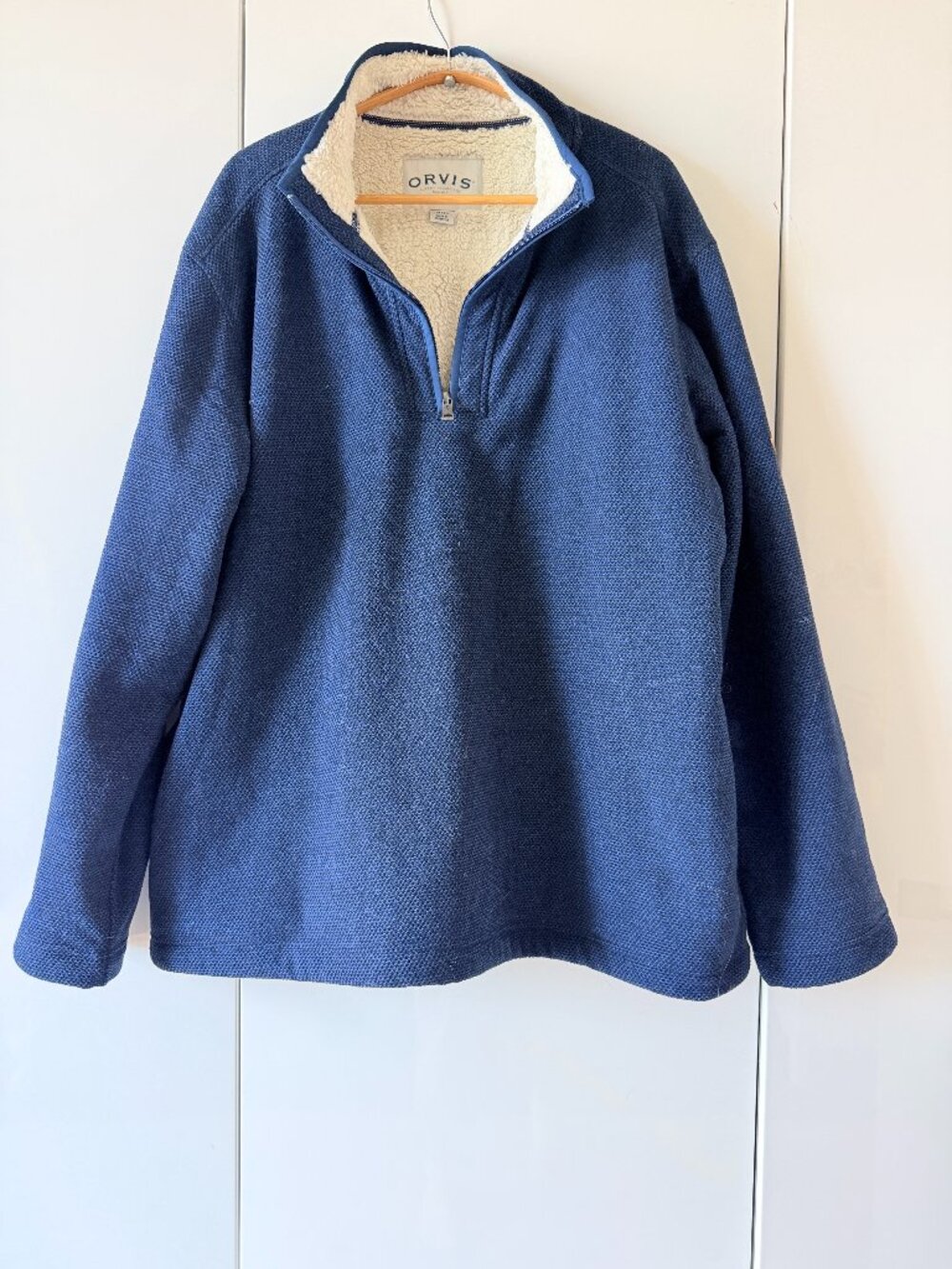 Orvis Navy Sherpa Lined Quarter Zip Pullover Waffle Knit Mens XL